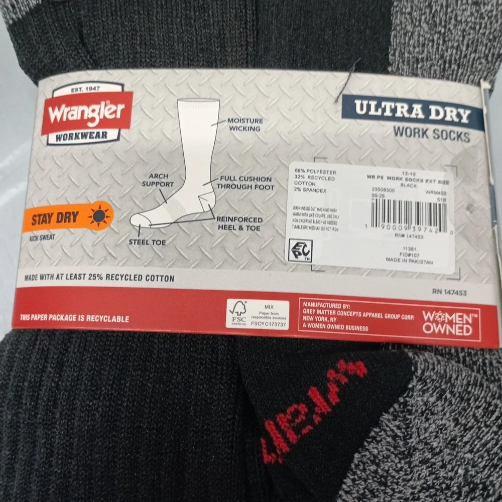 Wrangler Men's 6 Pack Crew Ultra Dry Work Socks Shoe size 12-15 Big & Tall New